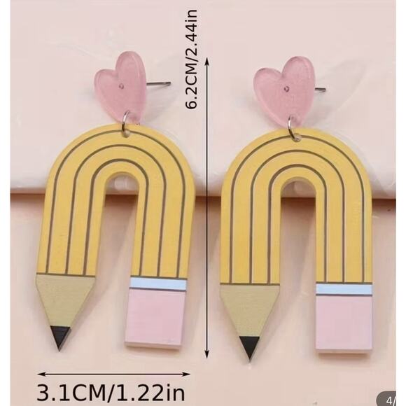 Pencil, Teacher, School, Back‎ To School, 2D Acrylic Dangle Earrings NEW - Picture 3 of 3